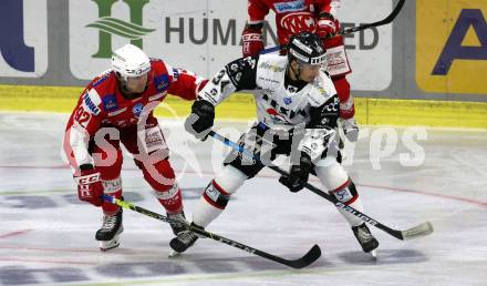 EBEL. Eishockey Bundesliga. KAC gegen	Tesla Orli Znojmo. Unterweger Clemens (KAC),  Oscadal Vladimir (Znojmo). Klagenfurt, am 21.11.2021.
Foto: Kuess
www.qspictures.net

---
pressefotos, pressefotografie, kuess, qs, qspictures, sport, bild, bilder, bilddatenbank