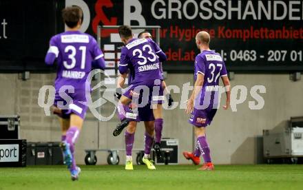 Fussball. Bundesliga. SK Austria Klagenfurt gegen  FC Red Bull Salzburg.   Torjubel Turgay Gemicibasi, Till Sebastian Schumacher, Thorsten Mahrer, Nicolas Wimmer (Klagenfurt). Klagenfurt, am 27.11.2021.
Foto: Kuess
www.qspictures.net
---
pressefotos, pressefotografie, kuess, qs, qspictures, sport, bild, bilder, bilddatenbank
