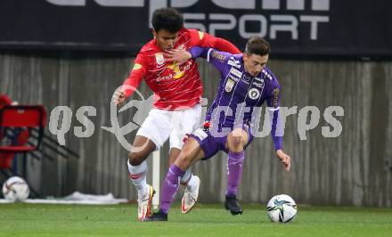 Fussball. Bundesliga. SK Austria Klagenfurt gegen  FC Red Bull Salzburg.   Till SEbastian Schumacher,  (Klagenfurt), Karim Adeyemi (Salzburg ). Klagenfurt, am 27.11.2021.
Foto: Kuess
www.qspictures.net
---
pressefotos, pressefotografie, kuess, qs, qspictures, sport, bild, bilder, bilddatenbank