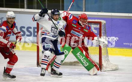 EBEL. Eishockey Bundesliga. KAC gegen	Hydro Fehervar AV 19. Sebastian Dahm, (KAC),  Anze Kuralt   (Fehervar). Klagenfurt, am 28.11.2021.
Foto: Kuess
www.qspictures.net

---
pressefotos, pressefotografie, kuess, qs, qspictures, sport, bild, bilder, bilddatenbank