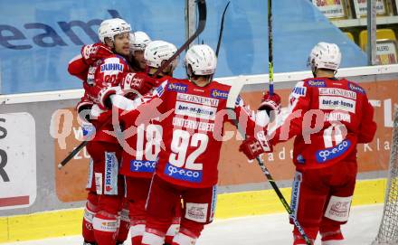 EBEL. Eishockey Bundesliga. KAC gegen	Hydro Fehervar AV 19. Torjubel Matthew Fraser, Rok Ticar, Thomas Koch, Clemens Unterweger, Lukas Haudum (KAC). Klagenfurt, am 28.11.2021.
Foto: Kuess
www.qspictures.net

---
pressefotos, pressefotografie, kuess, qs, qspictures, sport, bild, bilder, bilddatenbank
