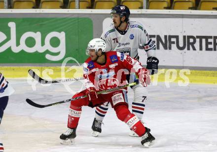 EBEL. Eishockey Bundesliga. KAC gegen	Hydro Fehervar AV 19. Fabian Hochegger,  (KAC),  Colin Jacobs (Fehervar). Klagenfurt, am 28.11.2021.
Foto: Kuess
www.qspictures.net

---
pressefotos, pressefotografie, kuess, qs, qspictures, sport, bild, bilder, bilddatenbank