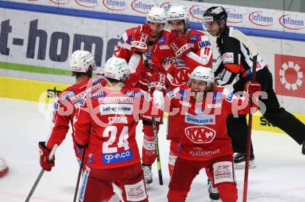 EBEL. Eishockey Bundesliga. VSV gegen KAC.  Torjubel Lukas Haudum, Johannes Bischofberger, Rok Ticar, Martin Schumnig, Steven Strong  (KAC). Villach, am 10.12.2021.
Foto: Kuess
www.qspictures.net
---
pressefotos, pressefotografie, kuess, qs, qspictures, sport, bild, bilder, bilddatenbank