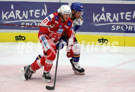 EBEL. Eishockey Bundesliga. VSV gegen KAC. Derek Joslin,   (VSV), Manuel Ganahl  (KAC). Villach, am 10.12.2021.
Foto: Kuess
www.qspictures.net
---
pressefotos, pressefotografie, kuess, qs, qspictures, sport, bild, bilder, bilddatenbank