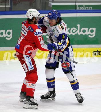 EBEL. Eishockey Bundesliga. VSV gegen KAC.  Anton Karlsson,  (VSV), Niklas Andre Wuerschl  (KAC). Villach, am 10.12.2021.
Foto: Kuess
www.qspictures.net
---
pressefotos, pressefotografie, kuess, qs, qspictures, sport, bild, bilder, bilddatenbank