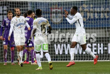 Fussball. Bundesliga. SK Austria Klagenfurt gegen  SK Puntigamer Sturm Graz. Torjubel Kelvin Kwarteng Yeboah (Graz). Klagenfurt, am 12.12.2021.
Foto: Kuess
www.qspictures.net
---
pressefotos, pressefotografie, kuess, qs, qspictures, sport, bild, bilder, bilddatenbank