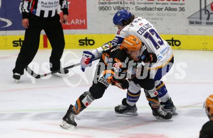 EBEL. Eishockey Bundesliga. VSV gegen Steinbach Black Wings Linz.  Chris Collins,  (VSV),  Ramon Schnetzer (Linz). Villach, am 21.12.2021.
Foto: Kuess
www.qspictures.net
---
pressefotos, pressefotografie, kuess, qs, qspictures, sport, bild, bilder, bilddatenbank