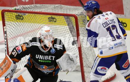 EBEL. Eishockey Bundesliga. VSV gegen Steinbach Black Wings Linz.  Chris Collins,  (VSV),  Jared Coreau (Linz). Villach, am 21.12.2021.
Foto: Kuess
www.qspictures.net
---
pressefotos, pressefotografie, kuess, qs, qspictures, sport, bild, bilder, bilddatenbank