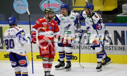 EBEL. Eishockey Bundesliga. VSV gegen HCB Suedtirol Alperia.  Torjubel Benjamin Lanzinger, Sebastian Zauner, Alexander Rauchenwald (VSV). Villach, am 30.12.2021.
Foto: Kuess
www.qspictures.net
---
pressefotos, pressefotografie, kuess, qs, qspictures, sport, bild, bilder, bilddatenbank