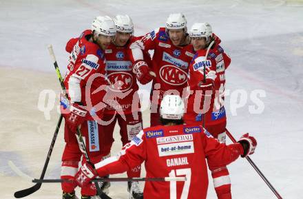 EBEL. Eishockey Bundesliga. KAC gegen	Moser Medical Graz99ers. Torjubel Clemens Unterweger, Thomas Hundertpfund, David Maier, Paul Postma, Manuel Ganahl (KAC). Klagenfurt, am 6.1.2022.
Foto: Kuess
www.qspictures.net

---
pressefotos, pressefotografie, kuess, qs, qspictures, sport, bild, bilder, bilddatenbank