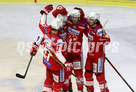 EBEL. Eishockey Bundesliga. KAC gegen	Moser Medical Graz99ers. Torjubel Clemens Unterweger, Thomas Hundertpfund, David Maier, Paul Postma (KAC). Klagenfurt, am 6.1.2022.
Foto: Kuess
www.qspictures.net

---
pressefotos, pressefotografie, kuess, qs, qspictures, sport, bild, bilder, bilddatenbank