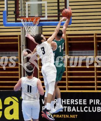 Basketball Zweite Liga 2021/2022. Grunddurchgang 12. Runde.  Woerthersee Piraten gegen KOS Celovec.  Alen Repac (Piraten), Marko Gutalj (KOS). Klagenfurt, am 8.1.2022. 
Foto: Kuess
www.qspictures.net

---
pressefotos, pressefotografie, kuess, qs, qspictures, sport, bild, bilder, bilddatenbank