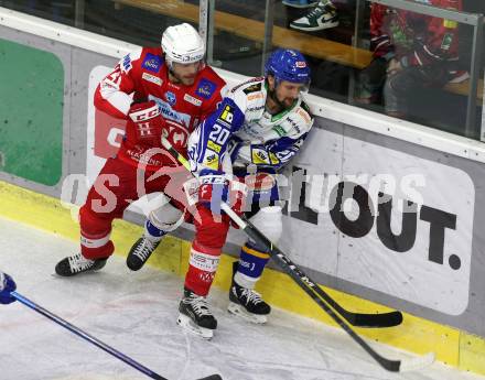 EBEL. Eishockey Bundesliga. KAC gegen	VSV. Thomas hundertpund,  (KAC), Nico Brunner  (VSV). Klagenfurt, am 25.1.2022.
Foto: Kuess
www.qspictures.net

---
pressefotos, pressefotografie, kuess, qs, qspictures, sport, bild, bilder, bilddatenbank