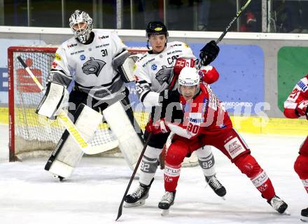 EBEL. Eishockey Bundesliga. KAC gegen	Dornbirn Bulldogs. Matthew Fraser (KAC), Stefan Haeussle, David Madlener (Dornbirn Bulldogs). Klagenfurt, am 28.1.2022.
Foto: Kuess
www.qspictures.net

---
pressefotos, pressefotografie, kuess, qs, qspictures, sport, bild, bilder, bilddatenbank