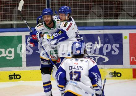 EBEL. Eishockey Bundesliga. VSV gegen Tesla Orli Znojmo.  Torjubel John Hughes, Marco Richter, Chris Collins (VSV). Villach, am 2.2.2022.
Foto: Kuess
www.qspictures.net
---
pressefotos, pressefotografie, kuess, qs, qspictures, sport, bild, bilder, bilddatenbank