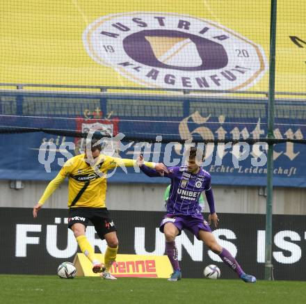 Fussball Bundesliga. SK Austria Klagenfurt gegen Cashpoint SCR Altach.  Thorsten Mahrer,  (Klagenfurt),  Atdhe Nuhiu (Altach). Klagenfurt, am 20.2.2022.
Foto: Kuess
www.qspictures.net
---
pressefotos, pressefotografie, kuess, qs, qspictures, sport, bild, bilder, bilddatenbank