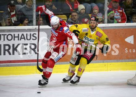 EBEL. Eishockey Bundesliga. KAC gegen	spusu Vienna Capitals. Steven Strong,  (KAC), Nikolaus Hartl  (Vienna Capitals). Klagenfurt, am 11.3.2022.
Foto: Kuess
www.qspictures.net

---
pressefotos, pressefotografie, kuess, qs, qspictures, sport, bild, bilder, bilddatenbank