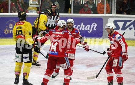 EBEL. Eishockey Bundesliga. KAC gegen	spusu Vienna Capitals. Torjubel Paul Postma, Thomas Koch, Lukas haudum (KAC). Klagenfurt, am 13.3.2022.
Foto: Kuess
www.qspictures.net

---
pressefotos, pressefotografie, kuess, qs, qspictures, sport, bild, bilder, bilddatenbank