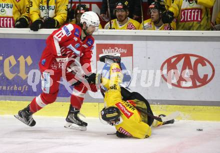 EBEL. Eishockey Bundesliga. KAC gegen	spusu Vienna Capitals. Manuel Ganahl,  (KAC), Nikolaus Hartl  (Vienna Capitals). Klagenfurt, am 20.3.2022.
Foto: Kuess
www.qspictures.net

---
pressefotos, pressefotografie, kuess, qs, qspictures, sport, bild, bilder, bilddatenbank