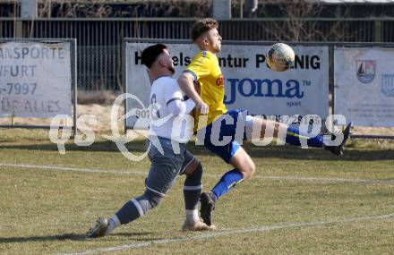 Fussball 2. Klasse B. SG KSK-Woerthersee/ATUS Poertschach gegen Afritz.  Pascal Wunder (KSK-Woerthersee/Poertschach),  Sandro Pascal Moser (Afritz). Krumpendorf, 26.3.2022.
Foto: Kuess

---
pressefotos, pressefotografie, kuess, qs, qspictures, sport, bild, bilder, bilddatenbank