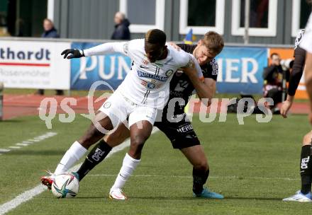 Fussball Bundesliga. Meistergruppe. WAC gegen SK Puntigamer Sturm Graz.  Dominik Baumgartner, (WAC), Niangbo Dogbole Franck Anderson   (Graz). Wolfsberg, am 3.4.2022.
Foto: Kuess
www.qspictures.net
---
pressefotos, pressefotografie, kuess, qs, qspictures, sport, bild, bilder, bilddatenbank