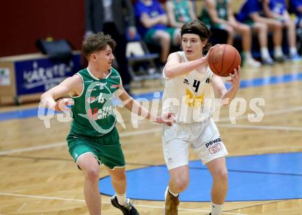 Basketball Zweite Liga 2021/2022. Playdown 1.  Woerthersee Piraten gegen Future Team Steiermark. Emilio Rozmann (Piraten), Gabriel Heigl (Steiermark). Klagenfurt, am 3.4.2022. 
Foto: Kuess
www.qspictures.net

---
pressefotos, pressefotografie, kuess, qs, qspictures, sport, bild, bilder, bilddatenbank