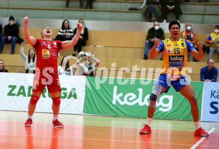 Volleyball. Austrian Volley League Men. SK Zadruga Aich/Dob gegen VCA Amstetten NOE. Jubel  Manuel Steiner, Ludegards Gomes Gama Andre Luis  (Aich). Bleiburg, 2.4.2022.
Foto: Kuess
www.qspictures.net
---
pressefotos, pressefotografie, kuess, qs, qspictures, sport, bild, bilder, bilddatenbank