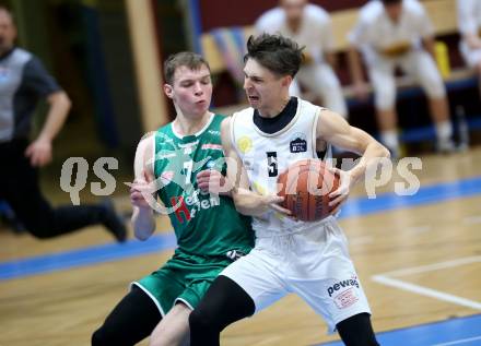 Basketball Zweite Liga 2021/2022. Playdown 1.  Woerthersee Piraten gegen Future Team Steiermark. Felix Leindecker (Piraten), Miro Zapf   (Steiermark). Klagenfurt, am 3.4.2022. 
Foto: Kuess
www.qspictures.net

---
pressefotos, pressefotografie, kuess, qs, qspictures, sport, bild, bilder, bilddatenbank
