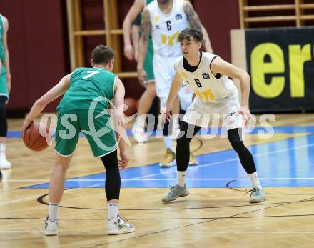 Basketball Zweite Liga 2021/2022. Playdown 1.  Woerthersee Piraten gegen Future Team Steiermark.  Felix Leindecker (Piraten), Miro Zapf  (Steiermark). Klagenfurt, am 3.4.2022. 
Foto: Kuess
www.qspictures.net

---
pressefotos, pressefotografie, kuess, qs, qspictures, sport, bild, bilder, bilddatenbank