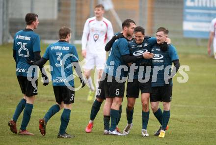 Fussball Kaerntner Liga. Kraig gegen Gmuend.  Torjubel Mario Antunovic, Sebastian Hertelt, Moritz Johannes Kirbach, Maximilian Felsberger (Kraig). Kraig, am 2.4.2022.
Foto: Kuess
---
pressefotos, pressefotografie, kuess, qs, qspictures, sport, bild, bilder, bilddatenbank