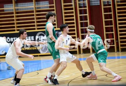 Basketball Zweite Liga 2021/2022. Playdown 1.  Woerthersee Piraten gegen Future Team Steiermark. Andreas Nuck, Jure Bavdek (Piraten), Milan Dokmanovic, Alan Derado  (Steiermark). Klagenfurt, am 3.4.2022.  
Foto: Kuess
www.qspictures.net

---
pressefotos, pressefotografie, kuess, qs, qspictures, sport, bild, bilder, bilddatenbank