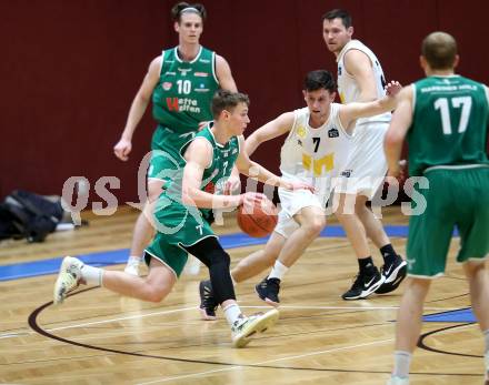 Basketball Zweite Liga 2021/2022. Playdown 1.  Woerthersee Piraten gegen Future Team Steiermark. Jure Bavdek  (Piraten), Miro Zapf  (Steiermark). Klagenfurt, am 3.4.2022. 
Foto: Kuess
www.qspictures.net

---
pressefotos, pressefotografie, kuess, qs, qspictures, sport, bild, bilder, bilddatenbank