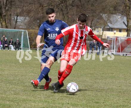Fussball. 1. Klasse B. Rothenthurn gegen Velden.  Marcel Huber (Rothenthurn), Dardan Kameraj  (Velden).  Rothenthurn, 3.4.2022.
Foto: Kuess
---
pressefotos, pressefotografie, kuess, qs, qspictures, sport, bild, bilder, bilddatenbank