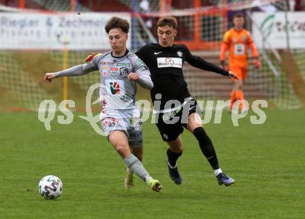 Fussball Regionalliga. WAC Amateure gegen Sturm Graz II.  Paolo Jager (WAC Amateure),  Christoph Lang (Sturm Graz). St. Andrae, am 9.4.2022.
Foto: Kuess
---
pressefotos, pressefotografie, kuess, qs, qspictures, sport, bild, bilder, bilddatenbank