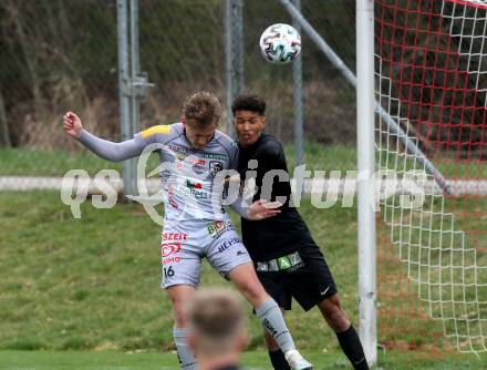 Fussball Regionalliga. WAC Amateure gegen Sturm Graz II. Gabriel Markus Egger  (WAC Amateure), Simon Nosa Salami Nelson  (Sturm Graz). St. Andrae, am 9.4.2022.
Foto: Kuess
---
pressefotos, pressefotografie, kuess, qs, qspictures, sport, bild, bilder, bilddatenbank
