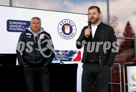 Fussball Bundesliga. SK Austria Klagenfurt gegen Red Bull Salzburg. Buehnen Party, Praesentation Hauptsponsor.   Zeljko Karajica, Trainer Peter Pacult. Klagenfurt, am 10.4.2022.
Foto: Kuess
---
pressefotos, pressefotografie, kuess, qs, qspictures, sport, bild, bilder, bilddatenbank