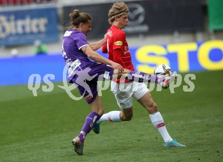 Fussball Bundesliga. SK Austria Klagenfurt gegen Red Bull Salzburg.   Patrick Greil, (Klagenfurt), Maurits Kjaergaard   (Salzburg). Klagenfurt, am 10.4.2022.
Foto: Kuess
---
pressefotos, pressefotografie, kuess, qs, qspictures, sport, bild, bilder, bilddatenbank