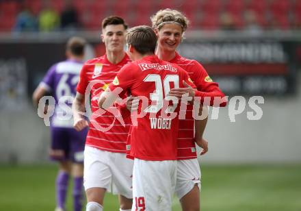 Fussball Bundesliga. SK Austria Klagenfurt gegen Red Bull Salzburg.   Torjubel Maximilian Woeber, Maurits Kjaergaard  (Salzburg). Klagenfurt, am 10.4.2022.
Foto: Kuess
---
pressefotos, pressefotografie, kuess, qs, qspictures, sport, bild, bilder, bilddatenbank