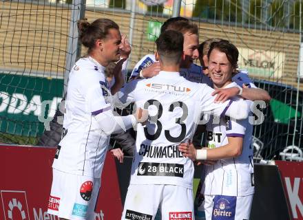 Fussball Bundesliga. Meistergruppe. WAC gegen Austria Klagenfurt. Torjubel Florian Jaritz, Markus Pink, Patrick Greil, Alex Timossi Andersson, Till Schumacher, Christopher Cvetko   (Klagenfurt). Wolfsberg, am 17.4.2022.
Foto: Kuess
www.qspictures.net
---
pressefotos, pressefotografie, kuess, qs, qspictures, sport, bild, bilder, bilddatenbank