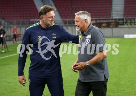 Fussball Testspiel. SK Austria Klagenfurt gegen FC Southampton.   Trainer Trainer Peter Pacult  (Klagenfurt), Ralph Hasenhuettl, (FC Southampton). Klagenfurt, am 18.7.2022. 
Foto: Kuess

---
pressefotos, pressefotografie, kuess, qs, qspictures, sport, bild, bilder, bilddatenbank