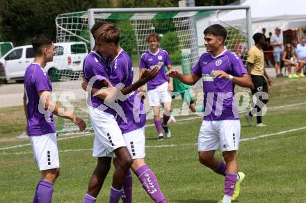 Fussball. Kaerntner Liga. Austria Klagenfurt Amat. gegen Koettmannsdorf.   Torjubel  (Austria Klagenfurt Amat). Brueckl, 23.7.2022.
Foto: Kuess
---
pressefotos, pressefotografie, kuess, qs, qspictures, sport, bild, bilder, bilddatenbank