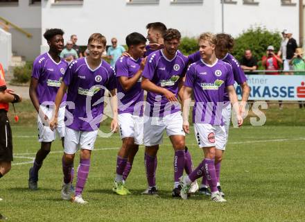 Fussball. Kaerntner Liga. Austria Klagenfurt Amat. gegen Koettmannsdorf.   Torjubel (Austria Klagenfurt Amat). Brueckl, 23.7.2022.
Foto: Kuess
---
pressefotos, pressefotografie, kuess, qs, qspictures, sport, bild, bilder, bilddatenbank