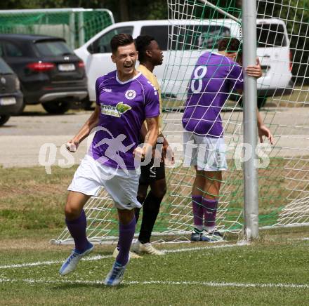 Fussball. Kaerntner Liga. Austria Klagenfurt Amat. gegen Koettmannsdorf.   Torjubel Chris-Stephan Dierke, (Austria Klagenfurt Amat). Brueckl, 23.7.2022.
Foto: Kuess
---
pressefotos, pressefotografie, kuess, qs, qspictures, sport, bild, bilder, bilddatenbank