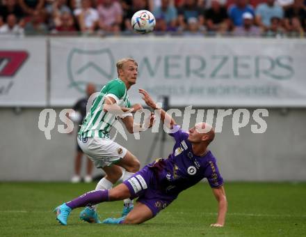 Fussball. Bundesliga. Austria Klagenfurt gegen Rapid Wien. Nicolas Wimmer (Klagenfurt),  Nicolas-Gerrit Kuehn (Rapid).  Klagenfurt, 31.7.2022.
Foto: Kuess
---
pressefotos, pressefotografie, kuess, qs, qspictures, sport, bild, bilder, bilddatenbank