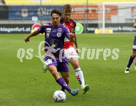 Fussball Bundesliga.  SK Austria Klagenfurt gegen SV Guntamatic Ried.  Simon Straudi,  (Klagenfurt), Philipp Pomer  (Ried). Klagenfurt, am 13.8.2022. 
Foto: Kuess

---
pressefotos, pressefotografie, kuess, qs, qspictures, sport, bild, bilder, bilddatenbank