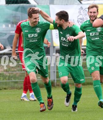 Fussball Kaerntner Liga. Landskron gegen ATSV Wolfsberg.  Torjubel Lukas Anton Kofler, Julian Brandstaetter,  (Landskron).  Landskron,  20.8.2022.
Foto: Kuess
---
pressefotos, pressefotografie, kuess, qs, qspictures, sport, bild, bilder, bilddatenbank
