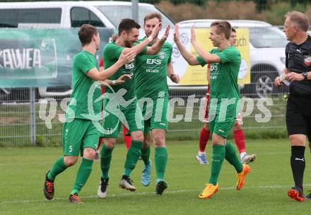 Fussball Kaerntner Liga. Landskron gegen ATSV Wolfsberg.  Torjubel Lukas Anton Kofler, Julian Brandstaetter, Alexander Reichmann, Markus Ulbing  (Landskron),    (Wolfsberg).  Landskron,  20.8.2022.
Foto: Kuess
---
pressefotos, pressefotografie, kuess, qs, qspictures, sport, bild, bilder, bilddatenbank
