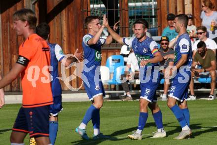 Fussball. Unterliga West. Dellach Gail gegen Penk.   Torjubel Philipp Werner Kofler, Fabio Revelant, Maximilian Wastian, Samir Nuhanovic (Dellach). Dellach im Gailtal, am 14.8.2022.
Foto: Kuess
---
pressefotos, pressefotografie, kuess, qs, qspictures, sport, bild, bilder, bilddatenbank