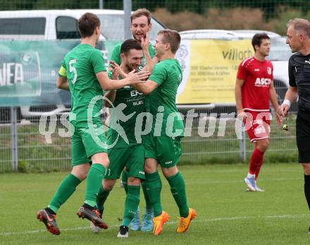 Fussball Kaerntner Liga. Landskron gegen ATSV Wolfsberg.  Torjubel Lukas Anton Kofler, Julian Brandstaetter, Alexander Reichmann, Markus Ulbing  (Landskron),    (Wolfsberg).  Landskron,  20.8.2022.
Foto: Kuess
---
pressefotos, pressefotografie, kuess, qs, qspictures, sport, bild, bilder, bilddatenbank