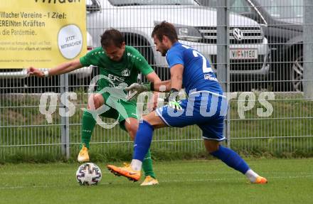 Fussball Kaerntner Liga. Landskron gegen ATSV Wolfsberg.  Philipp Gatti  (Landskron),    Marcel Dominique Pichler (Wolfsberg).  Landskron,  20.8.2022.
Foto: Kuess
---
pressefotos, pressefotografie, kuess, qs, qspictures, sport, bild, bilder, bilddatenbank